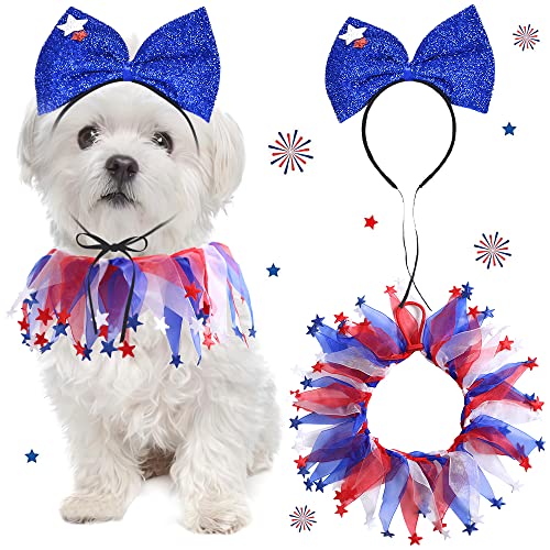 4th of July Dog Clothes Outfit Independence Day Puppy Bow Headband and Decorative Collar for Small Dogs Girl Boy Holiday Cat Costume Accessories (Small, Independence Day)