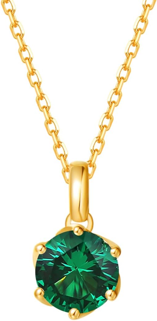 – Solid 14K Yellow/White Gold Birthstone Pendant Necklace, Small Round Shape Gemstone Pendant Necklace Fine Jewellery Gift for Women Girl Her, 16" + 2" Extender
