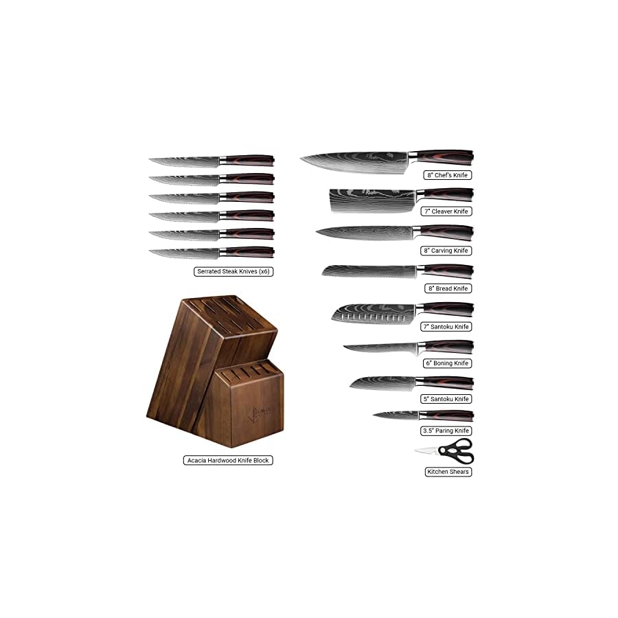 SENKEN 16-Piece Acacia Wood Knife Block Set with Laser Damascus Pattern - Includes Steak Knives, Kitchen Shears, Chef's Knife, Santoku, Cleaver & More