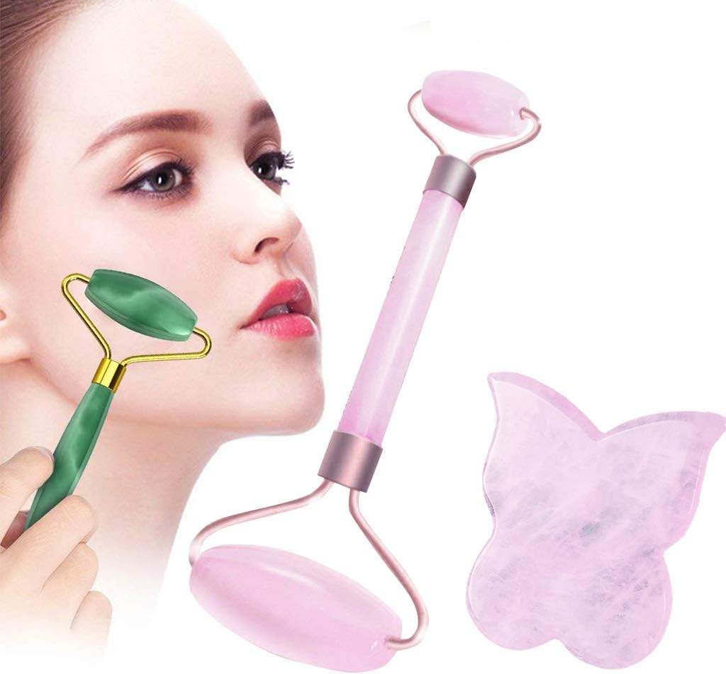 2019 Upgraded Natural Jade Roller for Face - Gua Sha Scrapping Massager-Anti-Aging 100% Natural Facial Jade Stone Set - Face Eye Neck Beauty Roller for Slimming & Firming，Pink