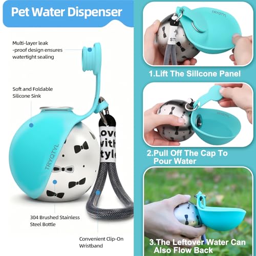 TRYQTYL Dog Water Bottle, 10oz Stainless Steel Portable Dog Water Bottle with Foldable Silicone Bowl, 2-in-1 Portable Dog Water Bowl for Water & Food, Water Dispenser for Dogs Walking (Pink) — view 2