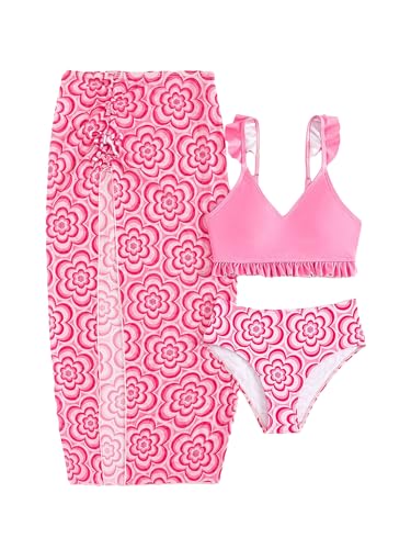 Image of WDIRARA Girl's 3 Piece Swimsuits Boho Floral Print Ruffle Trim Bikini Set with Split Beach Skirt