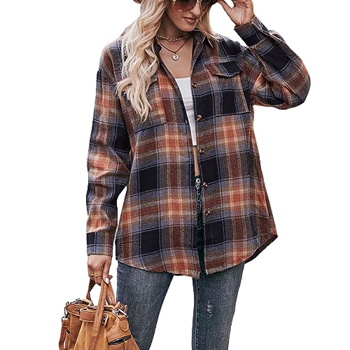 Camisas de franela a cuadros para mujer, de gran tamaño, ligeras, a cuadros, con botones, con nudo de corbata, manga larga, blusa estilo novio, Caqui Negro, M