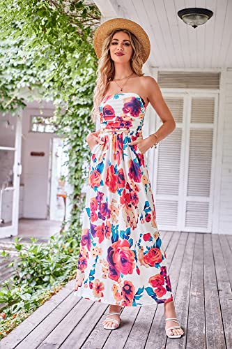 Image of GRACE KARIN Women Strapless Dress Casual Loose Ruched Long Maxi Dress with Pockets