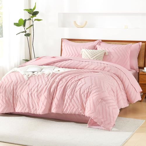 Image of Litanika Pink Queen Size Comforter Set with Sheets - 7 Pieces Bed in a Bag Queen Boho Tufted Complete Bedding Sets with Comforter, Sheets, Pillowcases & Shams