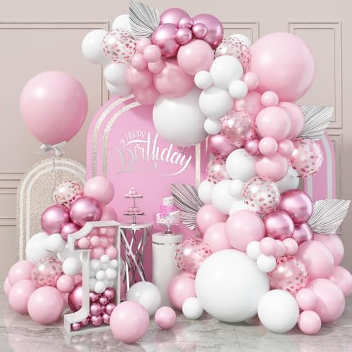 116pcs Pink Balloons Garland Arch Kit, Pastel Light Pink White, Metallic Purple Rose Gold Confetti Birthday Party Balloons for Wedding,Birthday,Anniversary Party