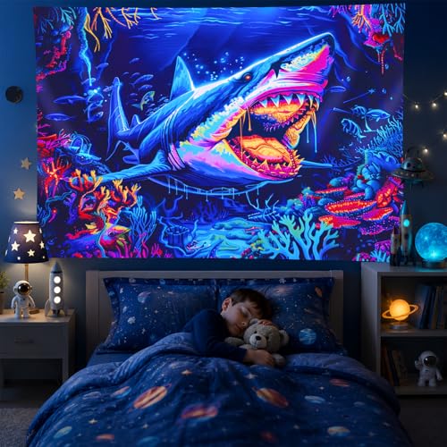 Image of BlissYard Shark Ocean Blacklight Tapestry Glow In The Dark UV Reactive Wall Hanging With Neon Coral Psychedelic Horror Poster Black Light Tapestries For Bedroom Party Decor 78x59 Inch