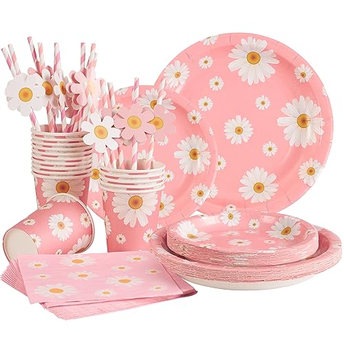 EASY JOY 80 PCS Daisy Party Decorations Pink Flower Paper Plates Daisy Floral Party Tablewares Pastel Paper Plates Cups and Napkins for Girl Birthday Baby Shower Afternoon Tea Garden Decor