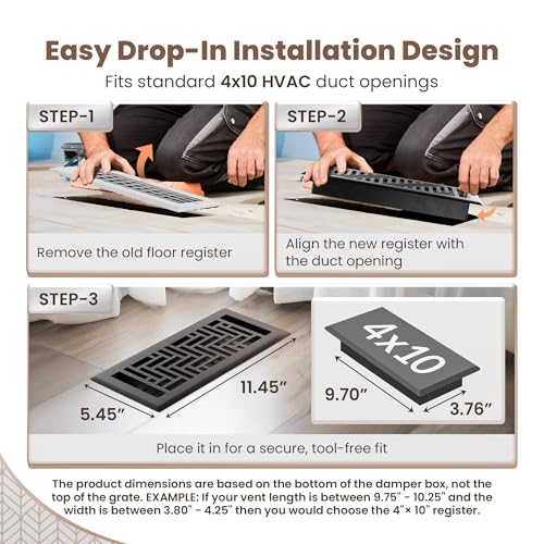 Floor Vent Covers – 4x10 Floor Register – Heavy-Duty Steel, Rustproof & Walkable Grates, Drop-in Install, Adjustable Airflow – Decorative (Herringbone Textured Black, 8 Pack) by GREATER GRATES - Used condition - Image 6