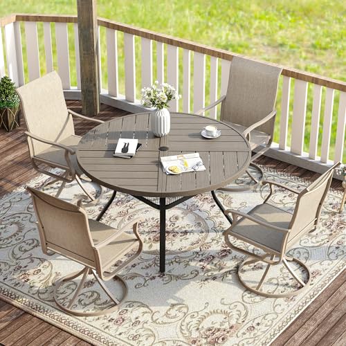 Image of VICLLAX Round Patio Table with Adjustable Umbrella Hole for 4, All Weather Metal Outdoor Dining Table for Lawn Garden, 40.6 inch Outdoor Coffee Table, Grey Wood-Like Tabletop