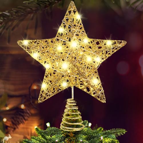 Puntale per albero di Natale, puntale dorato per albero di Natale, stella decorativa con luci LED, stella illuminata, decorazione natalizia per albero di Natale