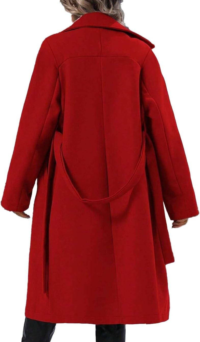 Women's Double Breasted Trench Coats Lapel Collar Warm Jacket Overcoat with Belt Winter A Line Long Outerwear