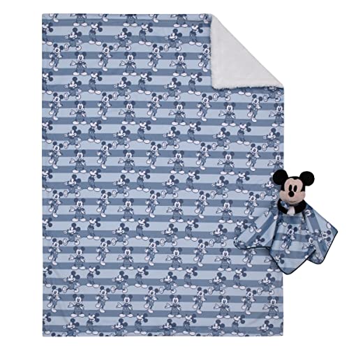 Image of Disney Mickey Mouse Blue and Navy Striped Super Soft Sherpa Baby Blanket and Security Blanket 2-Piece Set