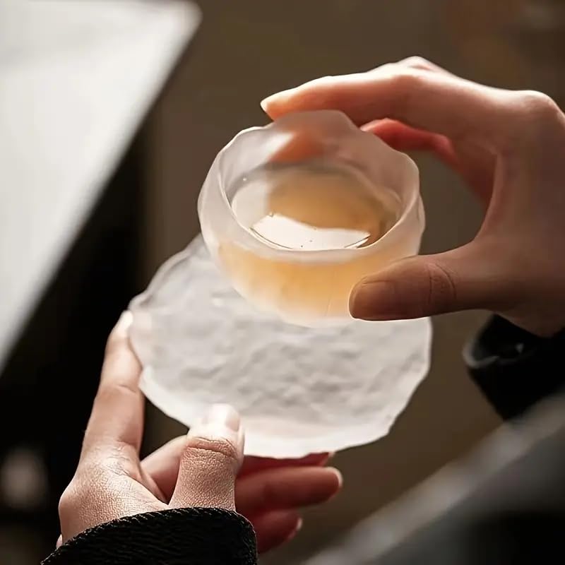 Image of KPNG Glass Tea Cup with Saucers, Coffee Cups for Home use, Household Items, Japanese mini Personal Small Tea Cup, Thickened Glass Cup Set Master (White, Pack of-2)