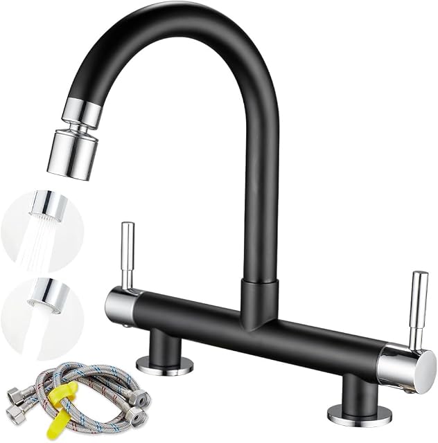 Maynosi Bridge Kitchen Sink Mixer Taps, 2 Hole Kitchen Bridge Faucet with Muti-Function Aerator, 360° Swivel Spout, 180 mm Centers Deck Mounted, Include UK Standard Pipes, Brass (Model B)
