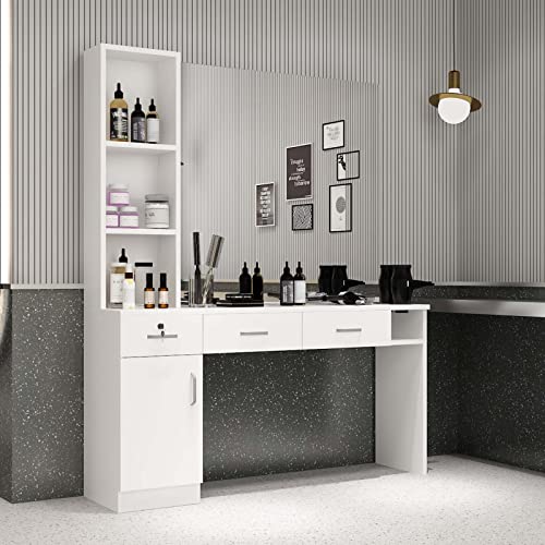 Paddie Salon Station for Hair Stylist, Hair Station Storage Locking Wall Mount Beauty Furniture Barber Equipment, Mirror not Included(White)
