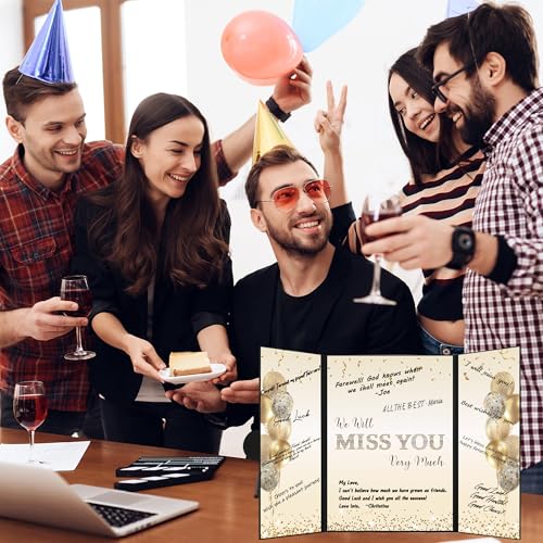 Image of DARUNAXY Black Gold Farewell Party Decorations, We Will Miss You Very Much Alternative Signature Guest Book for Men Women Going Away Gifts Signing Card Board for Retirement Graduation Party Supplies