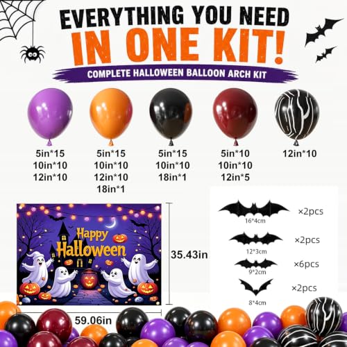 Image of 152Pcs Halloween Balloons Arch Kit with Halloween Backdrop and 3D Bat, Orange Black Purple Burgundy Balloons Garland Arch Kit for Spooky One Costume Halloween Birthday Party Decorations