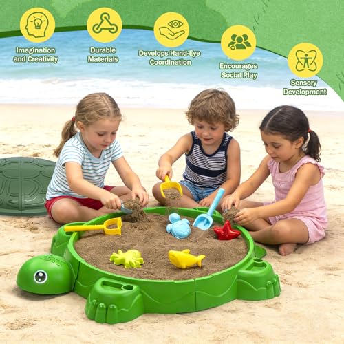 Image of Turtle Sandbox with Lid & Beach Toys Set, 38 inch Kids Sandbox for Toddlers 3-8, Indoor Outdoor Sensory Play Sand Box with Cover, Summer Gift for Ages 3-8