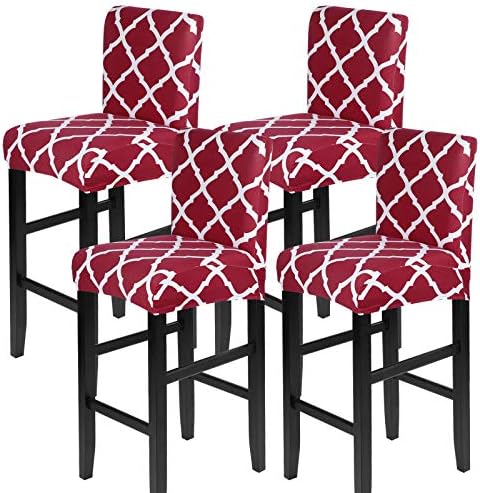 SearchI Stretch Bar Stool Covers Set of 4, Stretch Removable Washable Printed Bar Stool Chair Covers, Counter Height Chairs Covers for Kitchen Dining Room Cafe Furniture (Carmine)