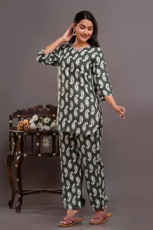 Image of Night Suit for Women Pure Cotton Printed Night Suit Top and Pyjama Set for Women's Night Dress of Shirt & Pyjama Set for Womens Night Dress for Woman