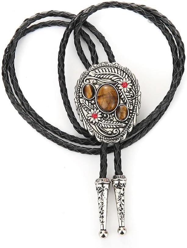 Western Bolo Tie for Men & Women, Multi-Stone Inlay, Floral Oval Pendant, Cowboy Leather Rope Necktie, Adjustable