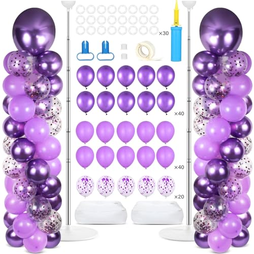 Image of 2 Sets Purple Balloon Column Stand Kit with 100 Balloons Lavender Adjustable Balloon Tower Stand with Bases for Floor Purple Confetti Balloon Column Kit for Christmas Birthday Holiday New Year