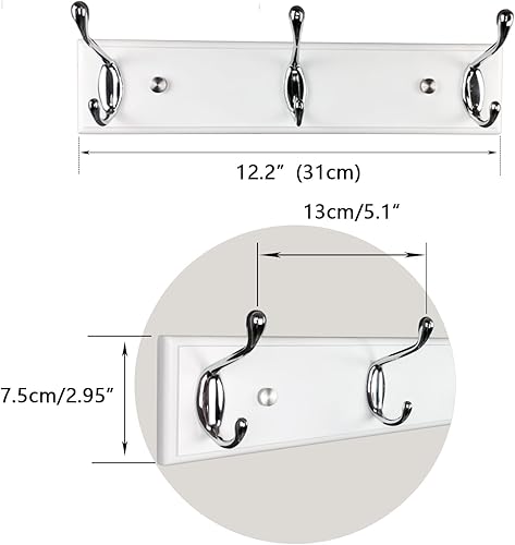 Miniatura 7 de Perchero montado en la pared de 12.2 pulgadas con 3 ganchos plateados, gancho de madera blanca para entrada, pasillo, dormitorio, habitación de los