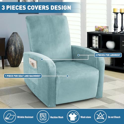 Image of ZNSAYOTX 2026 Velvet Small Recliner Cover 3-Piece, Luxury Plush Recliner Chair Covers with Elastic Band & Ties Stay in Place, Stretch Reclining Slipcover for Lazy Boy Soft Washable (Stone Blue)