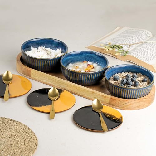 Image of The Earth Store Glam Blue Ceramic Bowl Serving Set - 3 Bowls (500ml Each) with Wooden Tray, 3 Spoons & 3 Multipurpose Lids /Coaster - for Snacks, Curries, Desserts & Fruits
