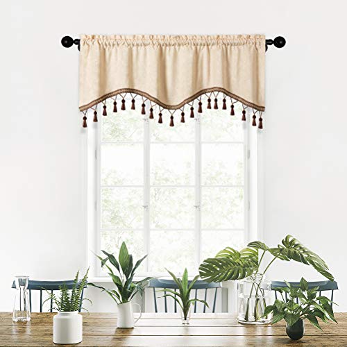 Elkca Double-Sided Chenille Window Curtains Tier For Kitchen Beige Scalloped Valance For Living Room,Pack Of 2(Beige,52" W X 18" L) #TOP7
