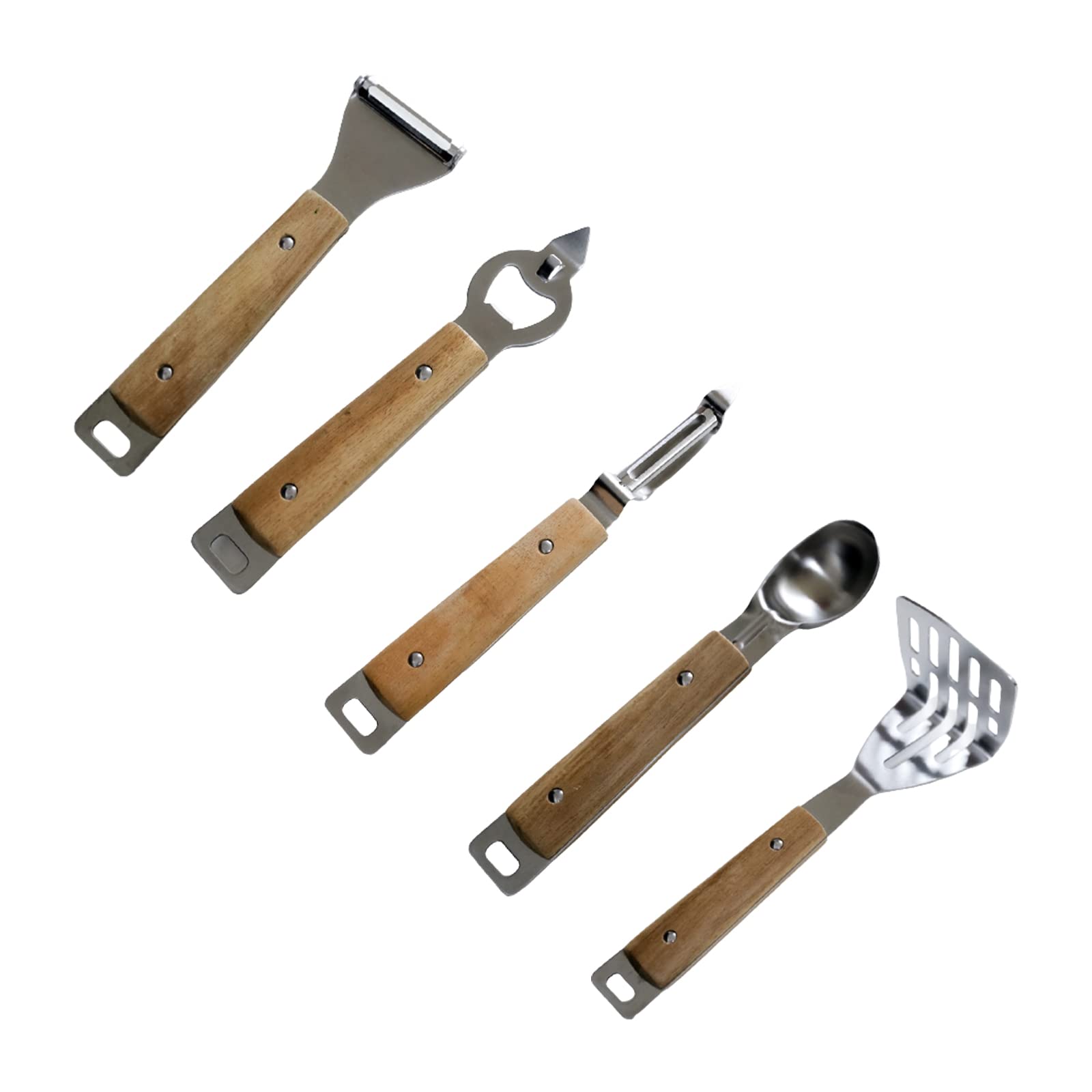 MALSSE Wooden Kitchen Utensil Stainless Steel Cooking Utensils Non-Stick Kitchen Gadgets Cookware Tool 6 Styles Cookware Stainless Steel with Handle