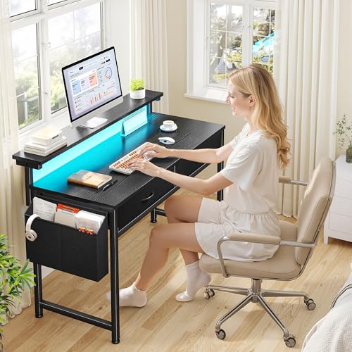Image of DurayLoly Gaming Desk with LED Lights & 2 Fabric Drawers, 39.4Inch Home Office Computer Desk with Side Pocket & Ergonomic Monitor Stand, Small Space Study Writing Table with Anti-Tip Design,Black