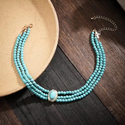 SukAmi Turquoise Choker Necklace Women 3 Layers Necklace Multi Strands Necklace 20s Turquoise Bib Pendant Necklace Choker Party Jewelry Mother's Day Gift 6