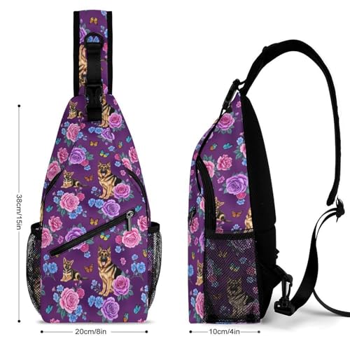 Fashion Traveling Running Casual Chest Bag, Dress Decor Sling Backpack, Shoulder Bag Casual Day Pack Rose Flowers German Shepherd Purple2
