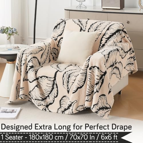 Image of HOKIPO Plush Sherpa Sofa Cover for 1 Seater Sofa | Thick Cozy Washable Sofa Throw | Full Protection Sofa Cover, 'Noirea Series' Botanical Leaf (180x180 cm) (AR-6651-D1)