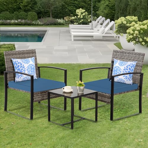 3 Piece Outdoor Patio Bistro Set, Wicker Table and Chairs Set of 2, All-Weather Rattan Balcony Furniture Set for Front Porch Apartment, Grey/Blue - Thumbnail 7