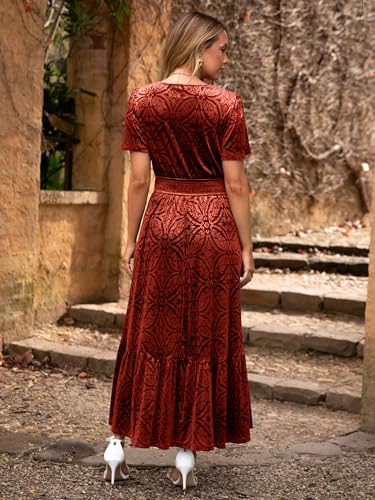 Simplee Womens Fall Velvet Dress - Short Sleeve V Neck Floral Maxi Dress Long Formal Winter Wedding Guest Dresses Reddish Orange L