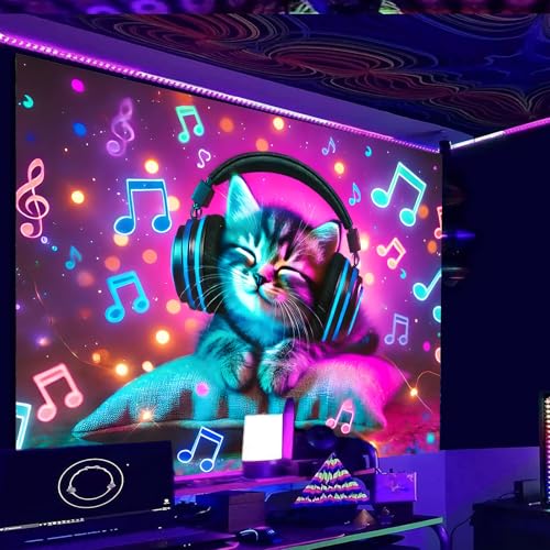 Image of Nuxovilar Neon DJ Cat Wall Tapestry Polyester 59.05x39.37 In | Glow Poster Trippy Wall Art Music Decor UV Backdrop Living Room Bedroom Lounge Space Room (Cute DJ Cat Scene)
