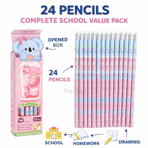 Image of Cute Cartoon HB Pencils for Kids (24 PCS) with Storage Case, Dark Writing Break Resistant Lead, Triangle Grip School Pencils for Writing Drawing Homework Return Gift Set