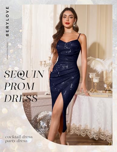 Image of BeryLove Summer Sequin Cocktail Prom Wedding Guest Dresses Sparkly Party Evening Formal Spaghetti Strap Dress