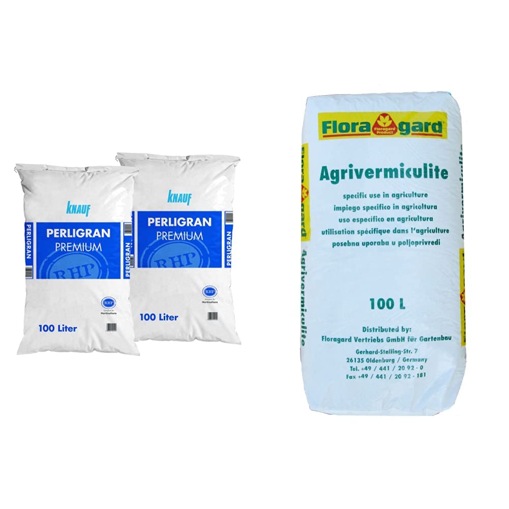Knauf Gartenbau Perlite Perligran 2-6 mm 2x100 L • zur Erden- und Substratverbesserung • 200 L & Vermiculite 100 L Brutsubstrat für Reptilien in Terrarien Abdeckmaterial im Kübel
