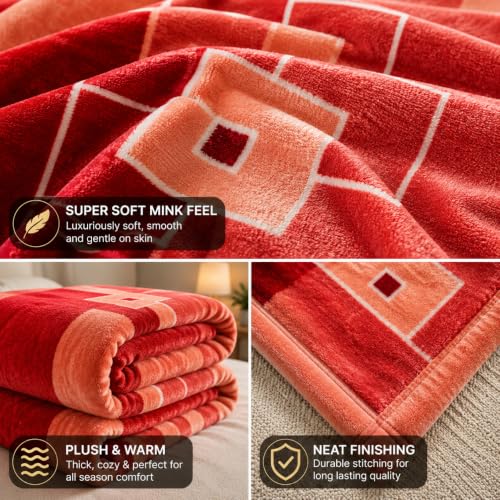 Image of Signature All Season Double Bed Blanket | Super Soft Plush, Lightweight & Cozy | 220 x 240 cm | 2.5 kg | Multi-Color Vibrant Print | Ideal for Winter, AC Use & Gifting (Coral Red)