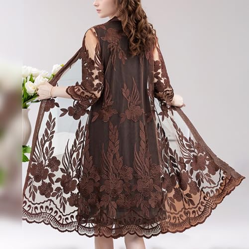 Image of FindThy Women's Floral Lace Embroidery Cardigan 3 /4 Sleeve Sheer Mid-Long Coat Kimono Coverups