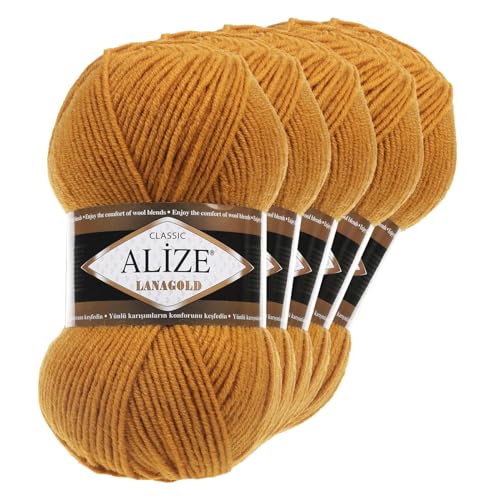 5 x 100 g ALIZE Lanagold 49% Wolle Strickgarn Winterwolle Schurwolle Farbwahl, Farbe:senfgelb