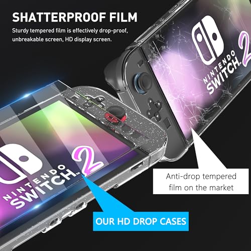Image of RHOTALL Slim Glitter Case for Nintendo Switch 2 2025, Hard PC Sparkle Crystal Protective Dockable Shell Cover with Tempered Glass Screen Protector for Switch 2 7.9 Inchsparkle, 4 Thumb Caps