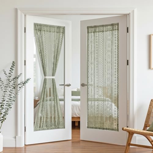 Image of MYSKY HOME Sage Green Lace French Door Curtains 72 inch Long 2 Panels Boho Sheer Floral Curtains for Door Window Scalloped Doorway Sidelight Curtains Come with 2 Matching Tie-Backs, 26 inch W Each Panel