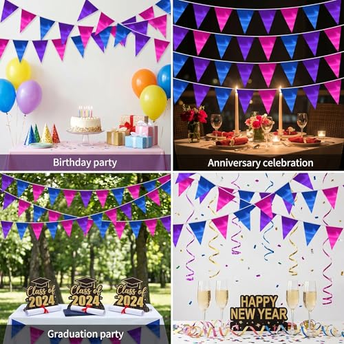 Image of 130FT Blue Purple Rose Red Triangle Pennant Banner Flag Metallic Fabric Bunting Garland for Christmas Graduation Wedding Anniversary Bachelorette Birthday Bridal Shower Valentines Hen Party Supplies