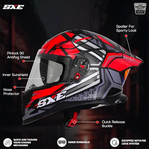 Image of Steelbird SBH-61 SXE X4 TPE ISI and Dot Certified Full Face Graphic Helmet for Men and Women with Inner Silver Sunshield (580 Medium MM, Glossy Black Red)