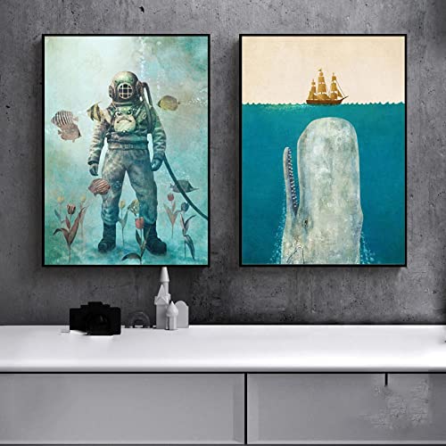Toile baleine et plongeur rétro déco murale salon KEBIA affiches fonds marins pour chambre d'hôte